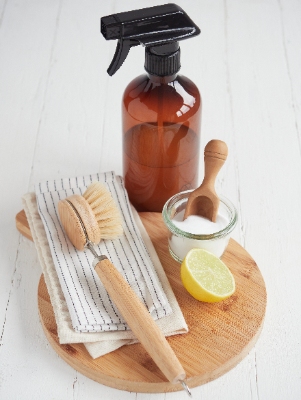 Natural cleaning supplies like vinegar and baking soda.